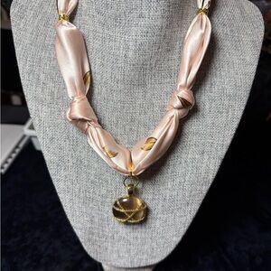 Elegant Gold and Pink Scarf Necklace with Vintage Pendant
